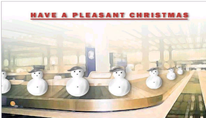 DMC Christmas Card — snowmen on airport luggage carousel