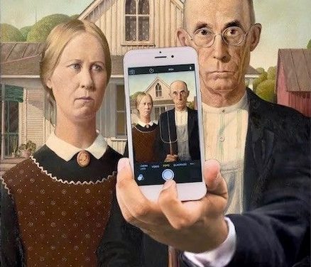 Grant Wood had lucky timing when he painted “American Gothic.” The iPhone was not available yet. Had it been, the couple could have done without him