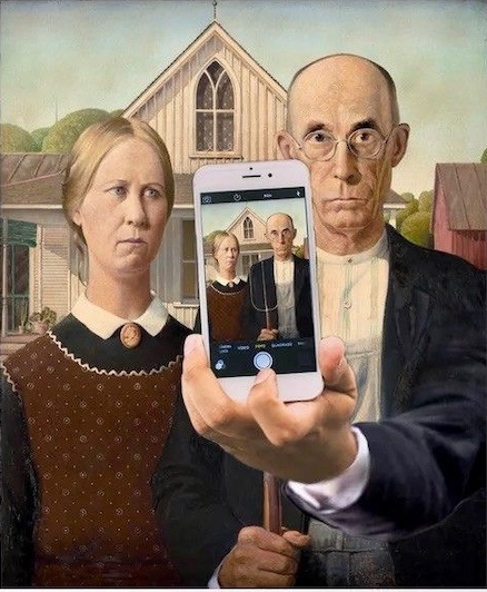 Grant Wood had lucky timing when he painted “American Gothic.” The iPhone was not available yet. Had it been, the couple could have done without him