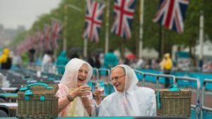 Three key British ingredients: queuing, hampers, rain